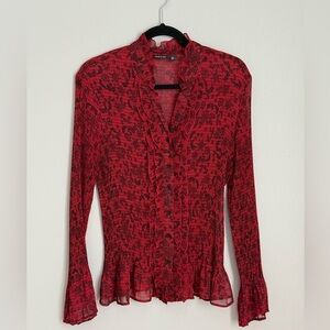 Chiffon Lace Pattern Micro-pleated Button Down Top Y2K Red